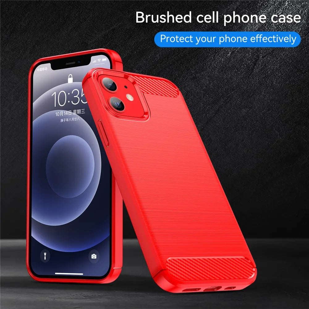 1.8mm Carbon Fiber Brushed Texture Anti-fall Protection Back Case Flexible TPU Cover for iPhone 12/12 Pro 6.1 inch - Red - 5