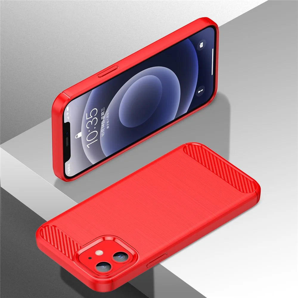 1.8mm Carbon Fiber Brushed Texture Anti-fall Protection Back Case Flexible TPU Cover for iPhone 12/12 Pro 6.1 inch - Red - 6