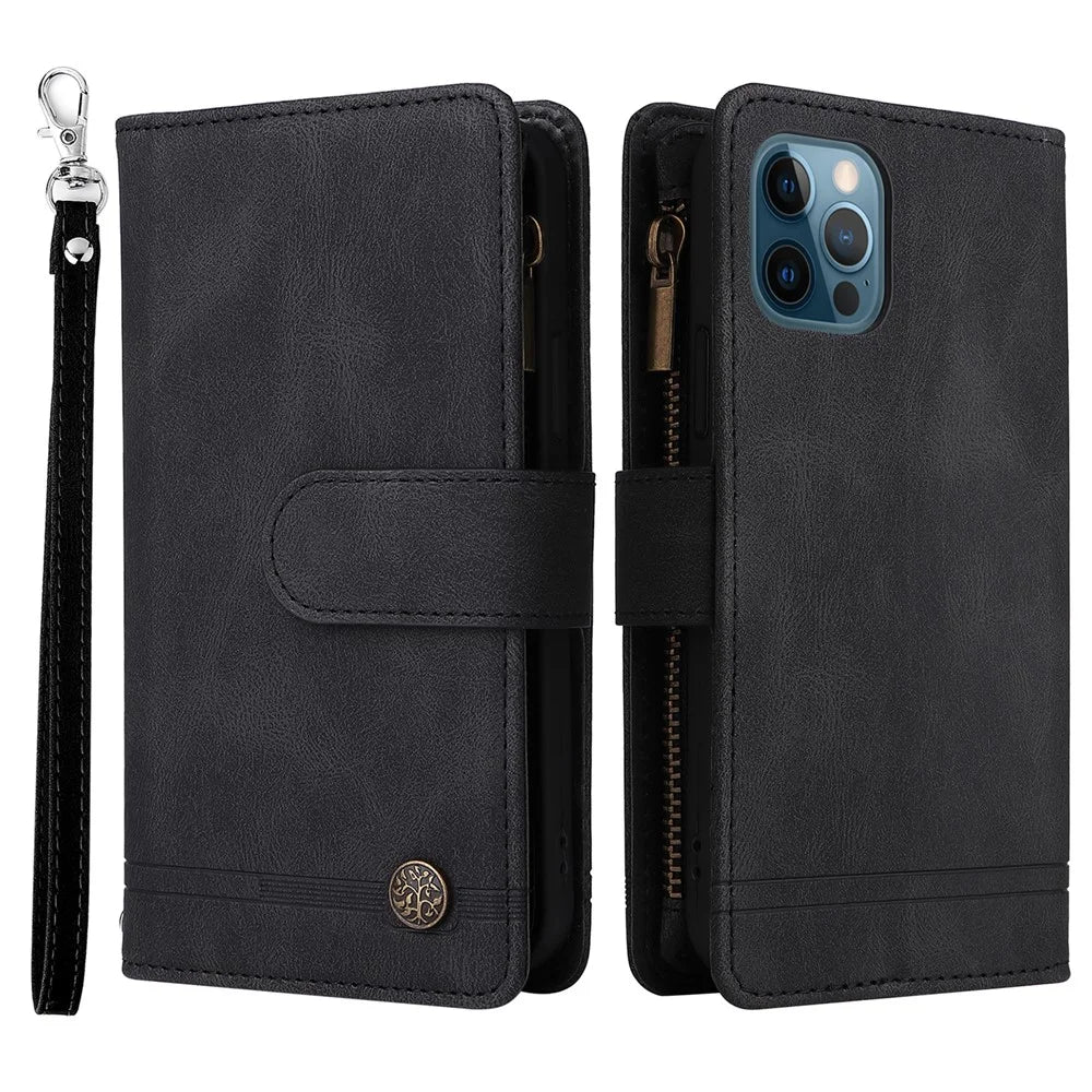 Stripes Imprinted Skin-touch Wallet Stand Leather Cover Multiple Card Slots Flip Protective Case with Zipper Pocket for iPhone 12/12 Pro 6.1 inch - Black - 1