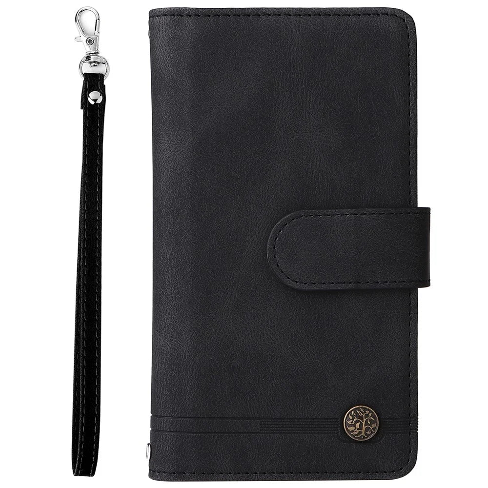 Stripes Imprinted Skin-touch Wallet Stand Leather Cover Multiple Card Slots Flip Protective Case with Zipper Pocket for iPhone 12/12 Pro 6.1 inch - Black - 2