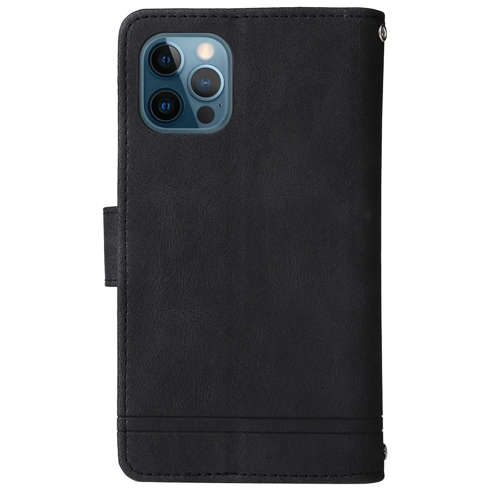 Stripes Imprinted Skin-touch Wallet Stand Leather Cover Multiple Card Slots Flip Protective Case with Zipper Pocket for iPhone 12/12 Pro 6.1 inch - Black - 3
