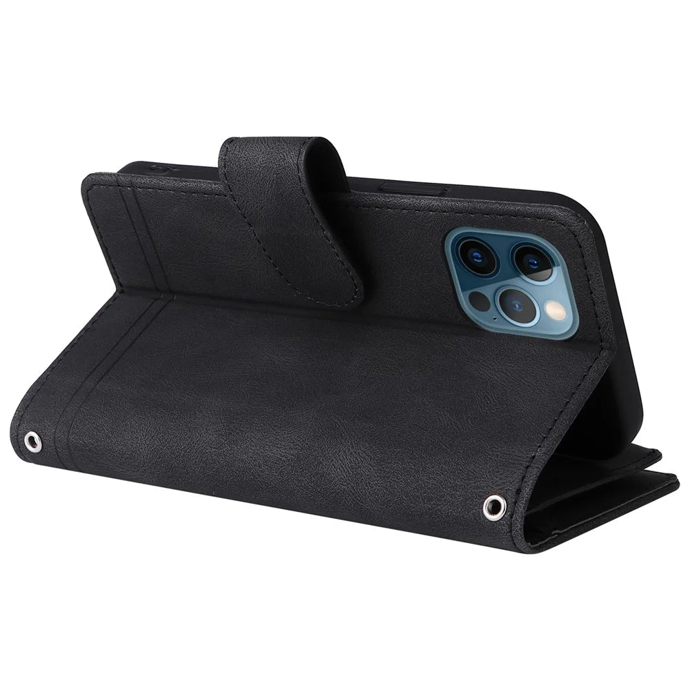 Stripes Imprinted Skin-touch Wallet Stand Leather Cover Multiple Card Slots Flip Protective Case with Zipper Pocket for iPhone 12/12 Pro 6.1 inch - Black - 4