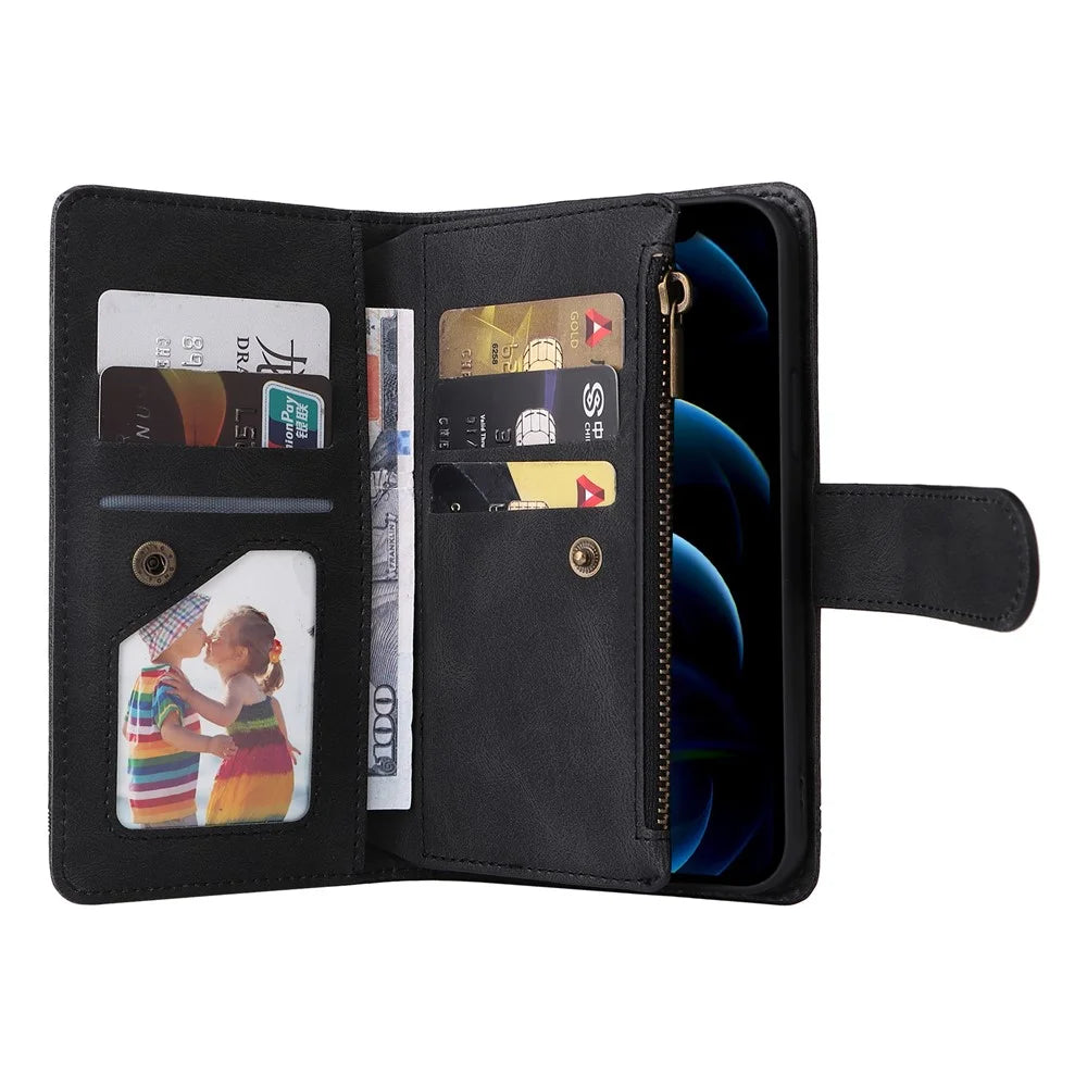 Stripes Imprinted Skin-touch Wallet Stand Leather Cover Multiple Card Slots Flip Protective Case with Zipper Pocket for iPhone 12/12 Pro 6.1 inch - Black - 6