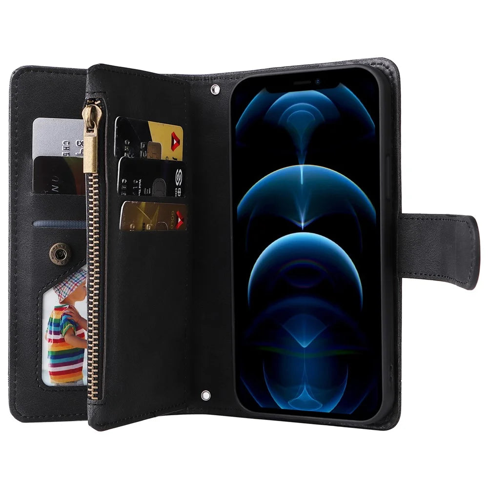 Stripes Imprinted Skin-touch Wallet Stand Leather Cover Multiple Card Slots Flip Protective Case with Zipper Pocket for iPhone 12/12 Pro 6.1 inch - Black - 7