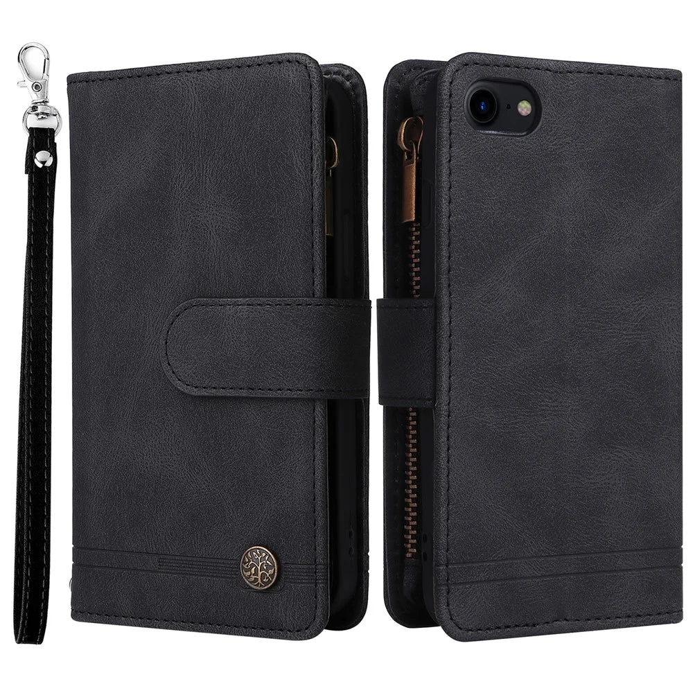 Skin-touch Stripes Imprinted Leather Cover Card Slots Flip Wallet Stand Protective Case with Zipper Pocket for iPhone SE (2022)/SE (2020)/8/7 - Black - 1