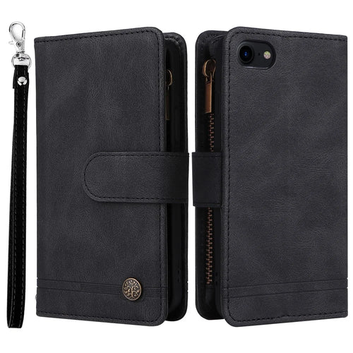 Skin-touch Stripes Imprinted Leather Cover Card Slots Flip Wallet Stand Protective Case with Zipper Pocket for iPhone SE (2022)/SE (2020)/8/7 - Black - 1