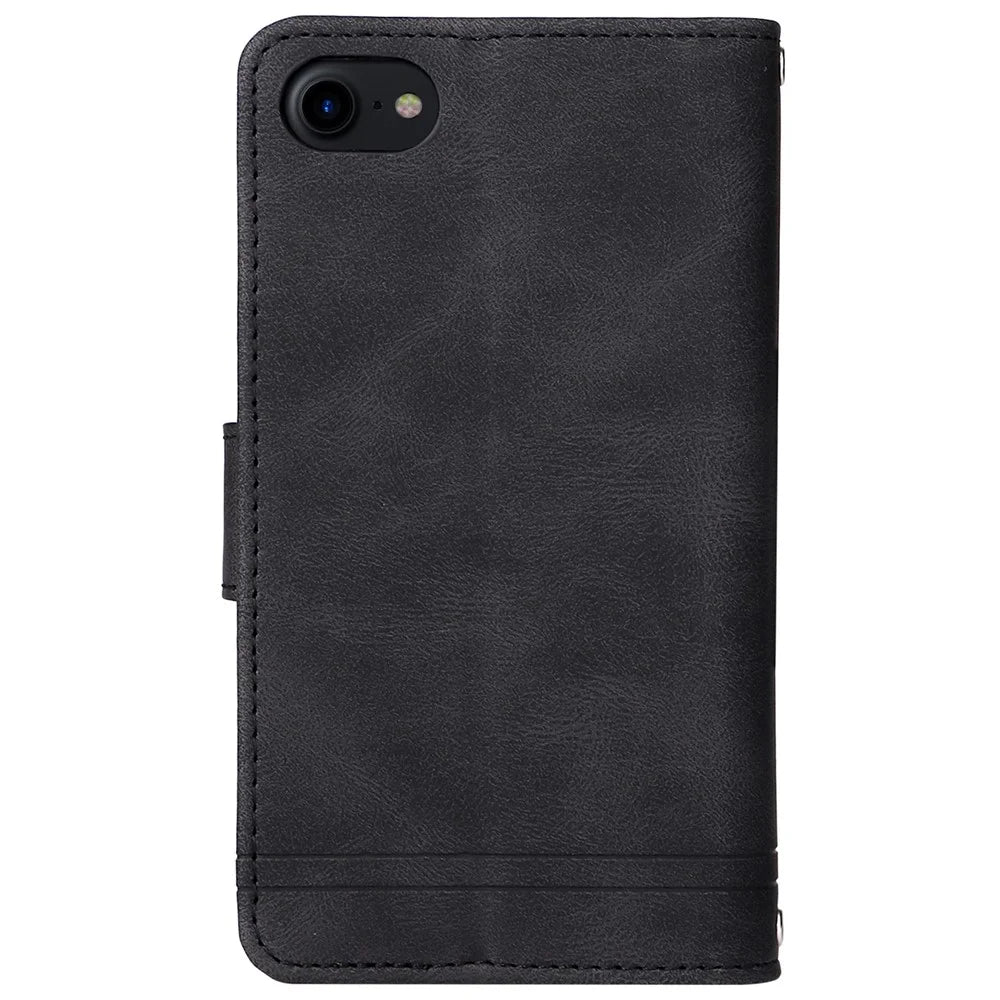Skin-touch Stripes Imprinted Leather Cover Card Slots Flip Wallet Stand Protective Case with Zipper Pocket for iPhone SE (2022)/SE (2020)/8/7 - Black - 3