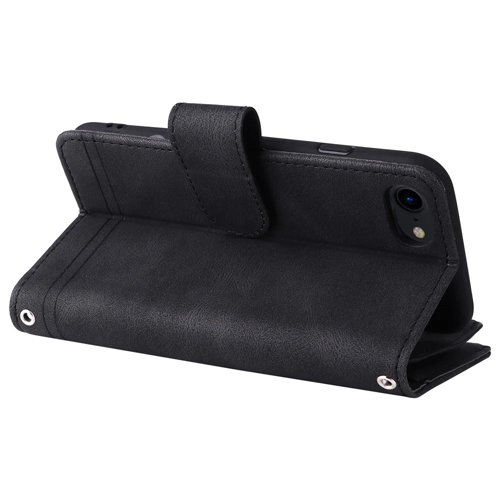 Skin-touch Stripes Imprinted Leather Cover Card Slots Flip Wallet Stand Protective Case with Zipper Pocket for iPhone SE (2022)/SE (2020)/8/7 - Black - 5