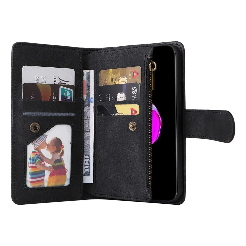 Skin-touch Stripes Imprinted Leather Cover Card Slots Flip Wallet Stand Protective Case with Zipper Pocket for iPhone SE (2022)/SE (2020)/8/7 - Black - 6