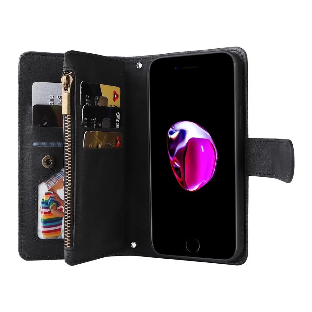 Skin-touch Stripes Imprinted Leather Cover Card Slots Flip Wallet Stand Protective Case with Zipper Pocket for iPhone SE (2022)/SE (2020)/8/7 - Black - 7