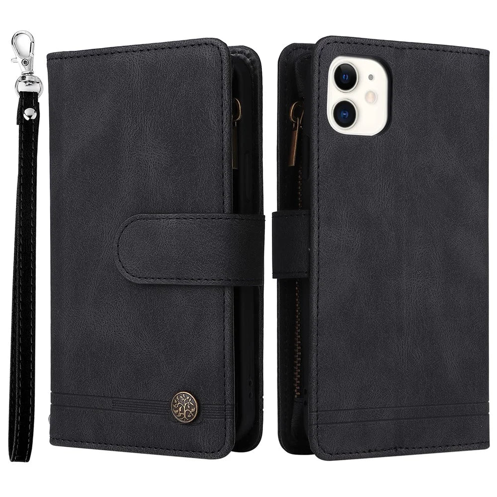 Tree Pattern Hardware Stripes Imprinted Skin-touch Wallet Stand Leather Cover Card Slots Flip Protective Case with Zipper Pocket for iPhone 11 6.1 inch - Black - 1