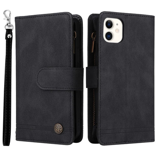 Tree Pattern Hardware Stripes Imprinted Skin-touch Wallet Stand Leather Cover Card Slots Flip Protective Case with Zipper Pocket for iPhone 11 6.1 inch - Black - 1