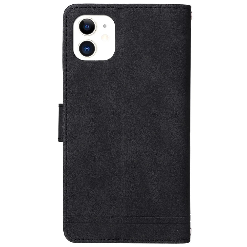Tree Pattern Hardware Stripes Imprinted Skin-touch Wallet Stand Leather Cover Card Slots Flip Protective Case with Zipper Pocket for iPhone 11 6.1 inch - Black - 3