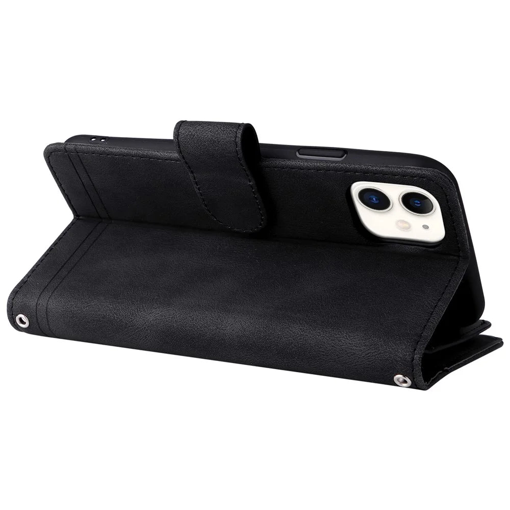 Tree Pattern Hardware Stripes Imprinted Skin-touch Wallet Stand Leather Cover Card Slots Flip Protective Case with Zipper Pocket for iPhone 11 6.1 inch - Black - 4