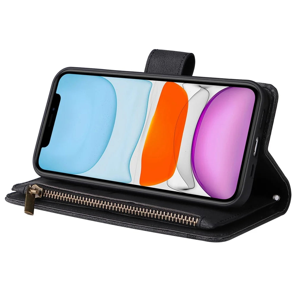 Tree Pattern Hardware Stripes Imprinted Skin-touch Wallet Stand Leather Cover Card Slots Flip Protective Case with Zipper Pocket for iPhone 11 6.1 inch - Black - 5