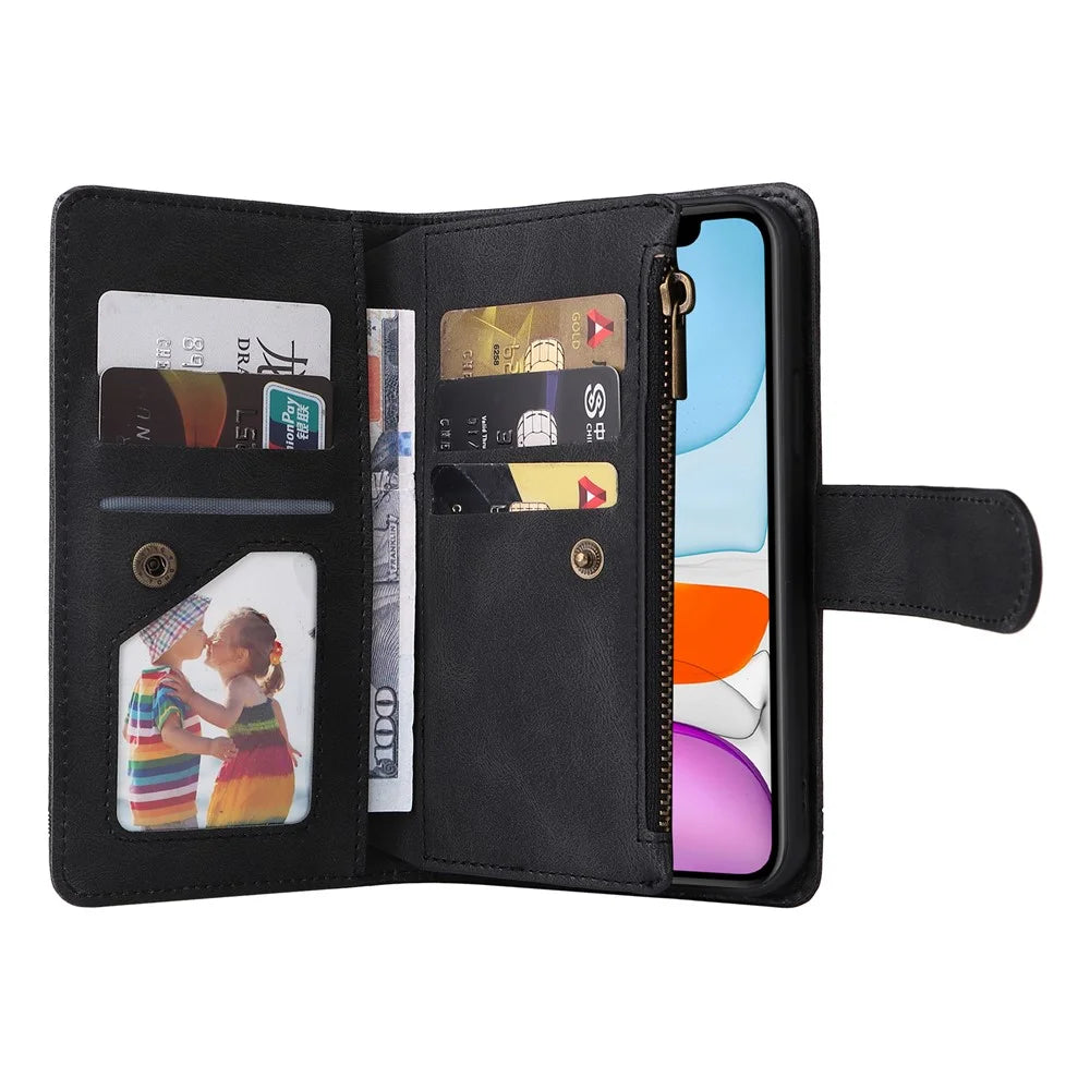 Tree Pattern Hardware Stripes Imprinted Skin-touch Wallet Stand Leather Cover Card Slots Flip Protective Case with Zipper Pocket for iPhone 11 6.1 inch - Black - 6