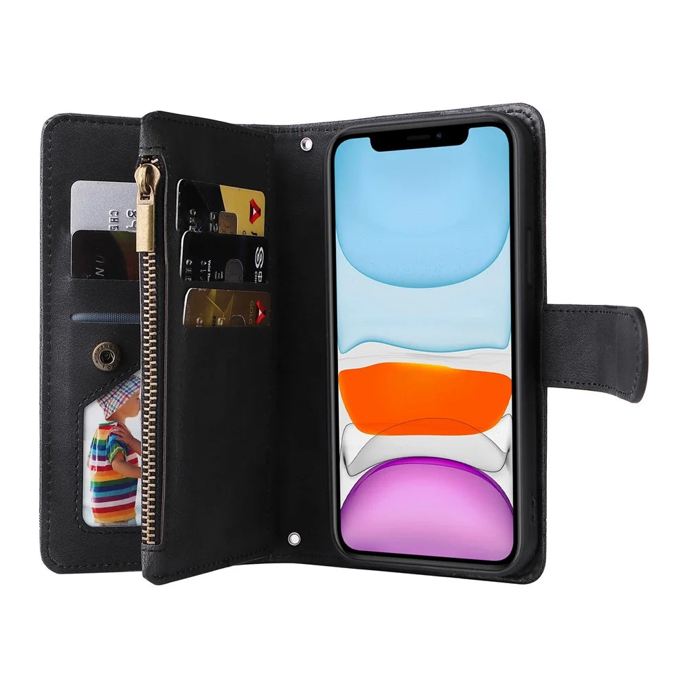 Tree Pattern Hardware Stripes Imprinted Skin-touch Wallet Stand Leather Cover Card Slots Flip Protective Case with Zipper Pocket for iPhone 11 6.1 inch - Black - 7