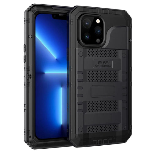 Shockproof Waterproof Dust-proof Drop-roof Silicone + Metal Full Cover Phone Case Hybrid Shell for iPhone 13 Pro Max 6.7 inch - Black - 1