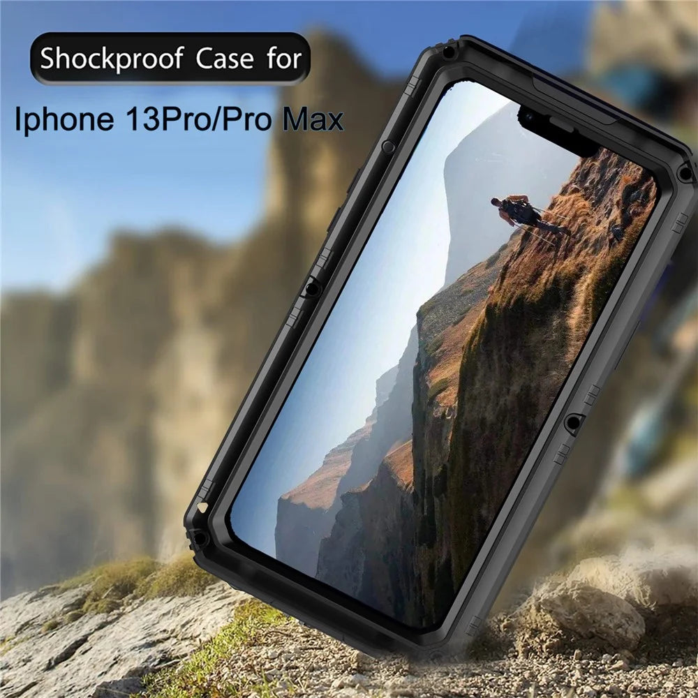 Shockproof Waterproof Dust-proof Drop-roof Silicone + Metal Full Cover Phone Case Hybrid Shell for iPhone 13 Pro Max 6.7 inch - Black - 5