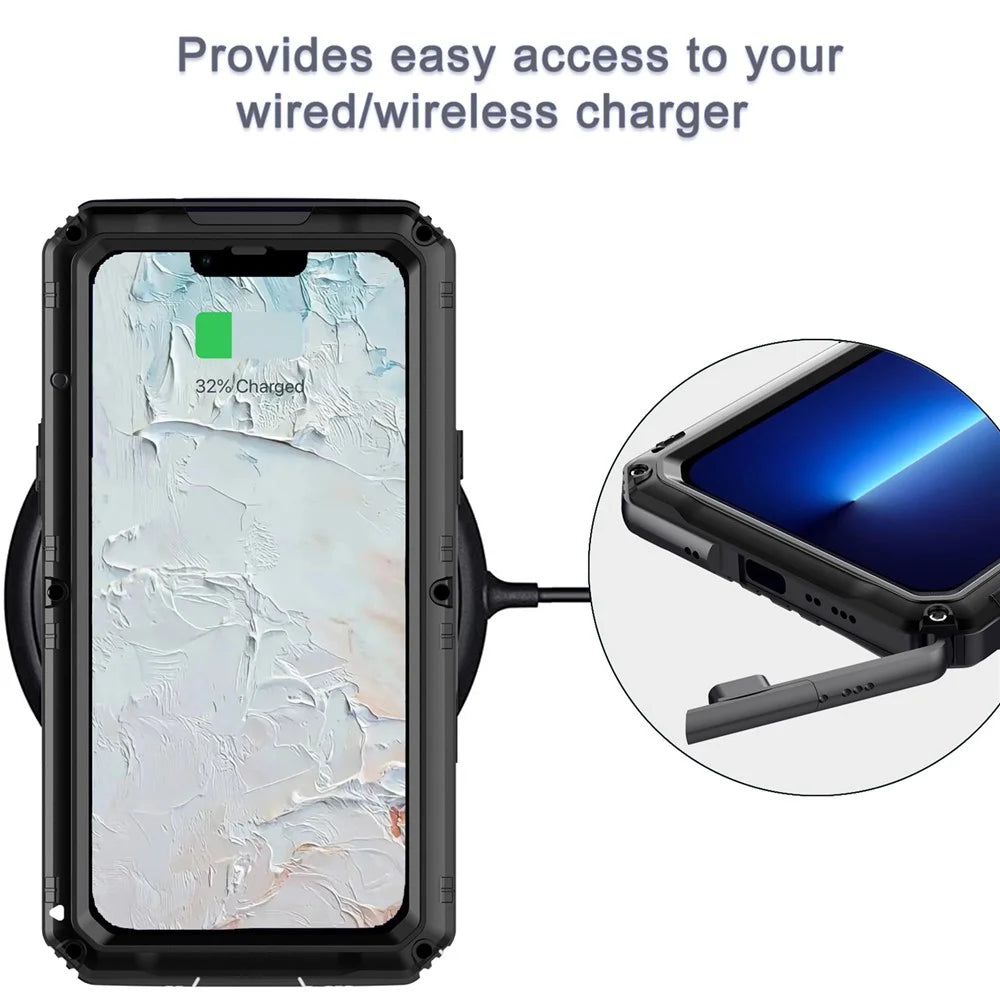 Shockproof Waterproof Dust-proof Drop-roof 360 Degree Full Protection Silicone + Metal Phone Case Shell for iPhone 13 Pro 6.1 inch - Black - 7