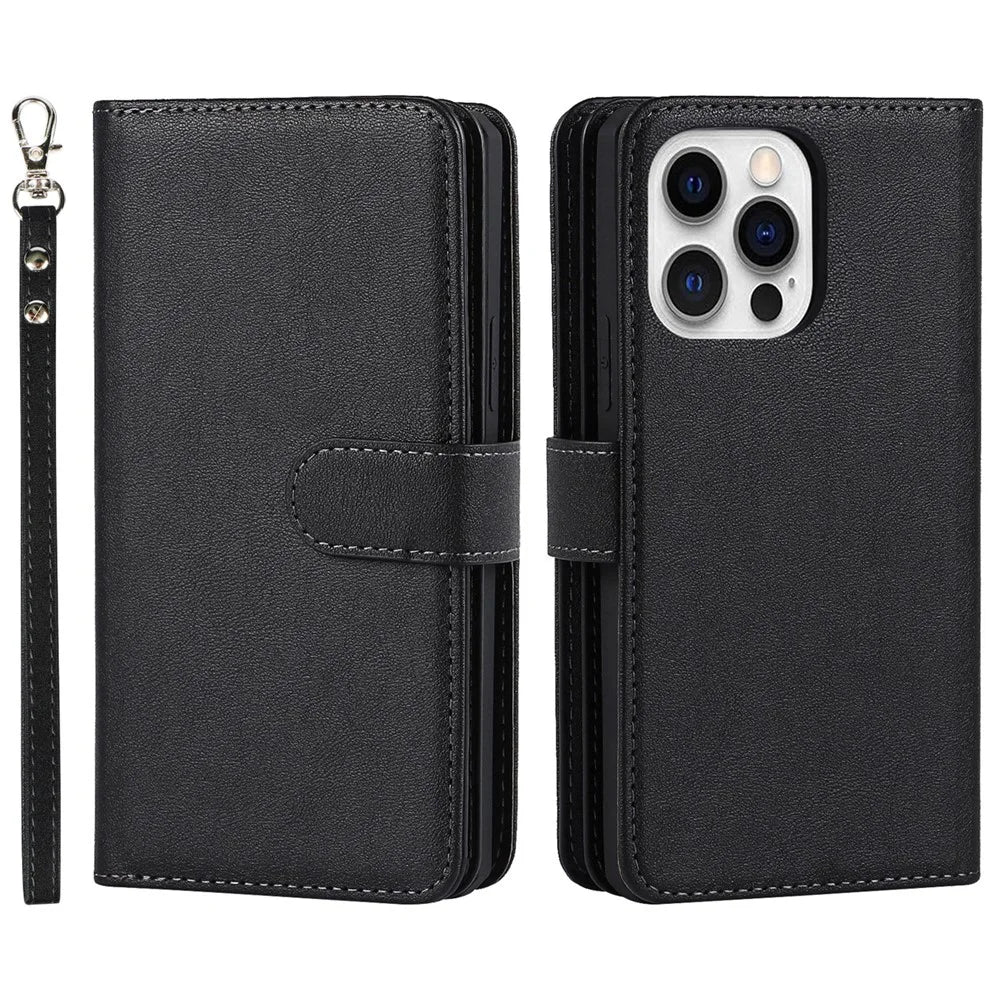 Detachable PU Leather Wallet Stand Case Non-slip Grip Phone Shell with Wrist Strap for iPhone 13 Pro 6.1 inch - Black - 1