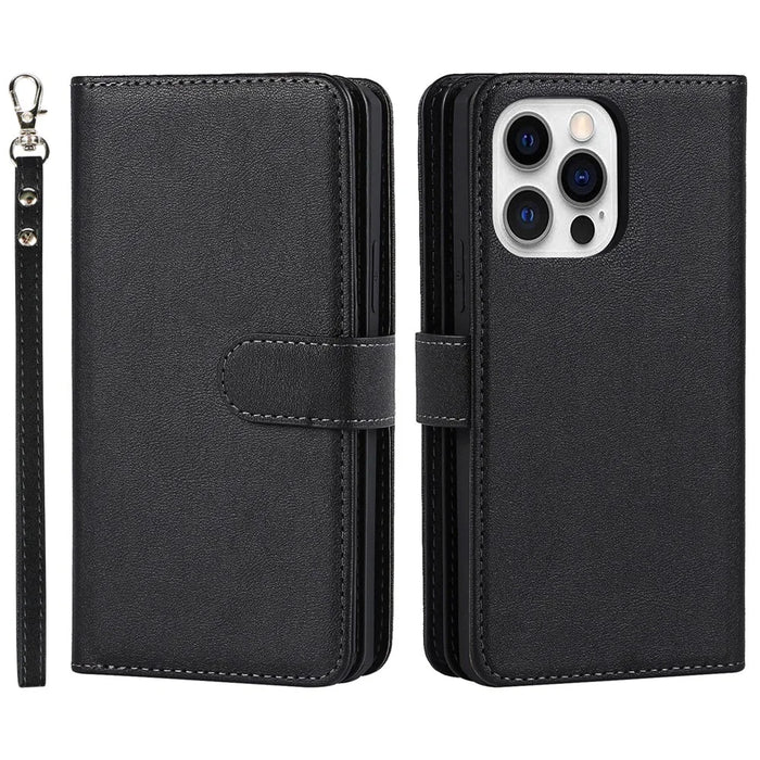 Detachable PU Leather Wallet Stand Case Non-slip Grip Phone Shell with Wrist Strap for iPhone 13 Pro 6.1 inch - Black - 1