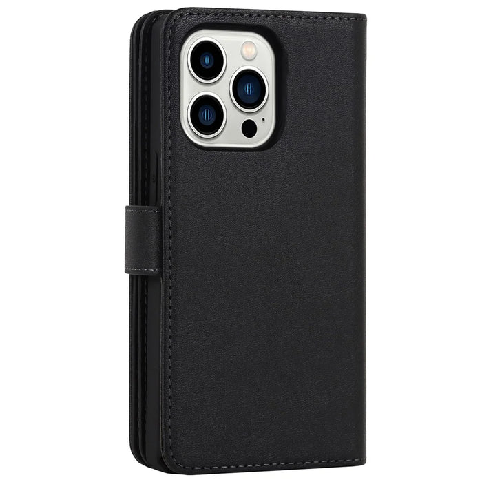 Detachable PU Leather Wallet Stand Case Non-slip Grip Phone Shell with Wrist Strap for iPhone 13 Pro 6.1 inch - Black - 3