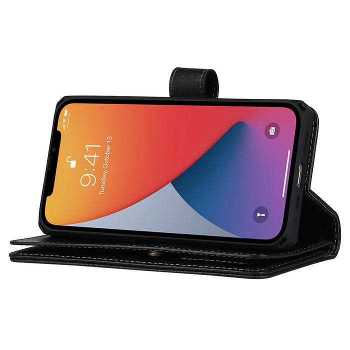 Detachable PU Leather Wallet Stand Case Non-slip Grip Phone Shell with Wrist Strap for iPhone 13 Pro 6.1 inch - Black - 4