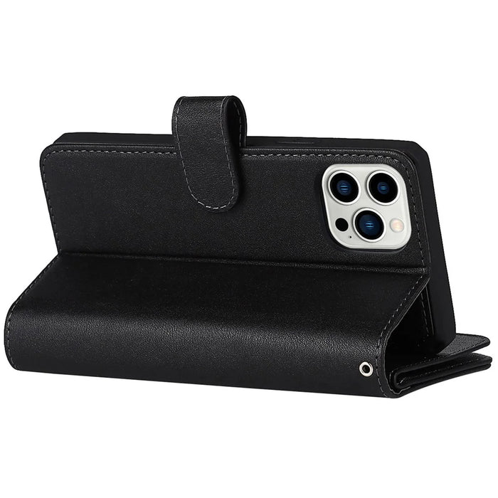 Detachable PU Leather Wallet Stand Case Non-slip Grip Phone Shell with Wrist Strap for iPhone 13 Pro 6.1 inch - Black - 5