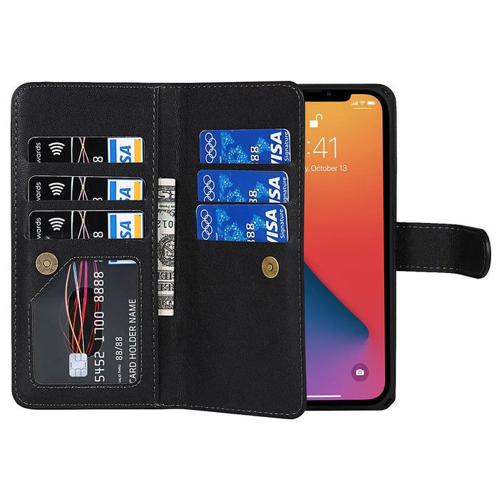 Detachable PU Leather Wallet Stand Case Non-slip Grip Phone Shell with Wrist Strap for iPhone 13 Pro 6.1 inch - Black - 7