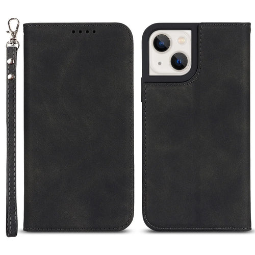 PU Leather Skin-touch Feeling Auto-absorbed Phone Case Shell with Wallet Stand for iPhone 13 6.1 inch - Black - 1