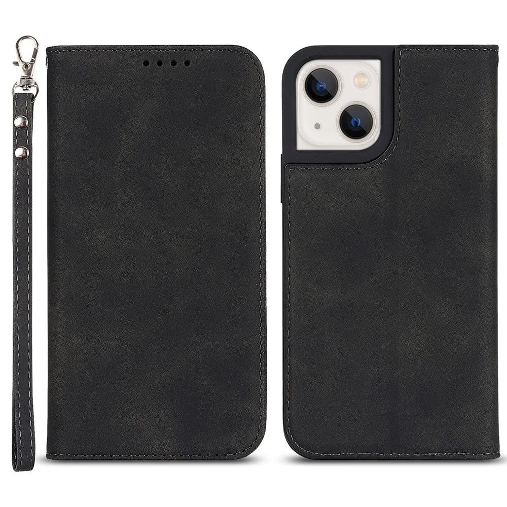 PU Leather Skin-touch Feeling Auto-absorbed Phone Case Shell with Wallet Stand for iPhone 13 6.1 inch - Black - 1