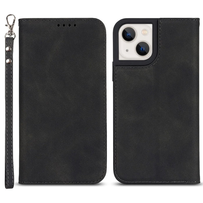 PU Leather Skin-touch Feeling Auto-absorbed Phone Case Shell with Wallet Stand for iPhone 13 6.1 inch - Black - 1