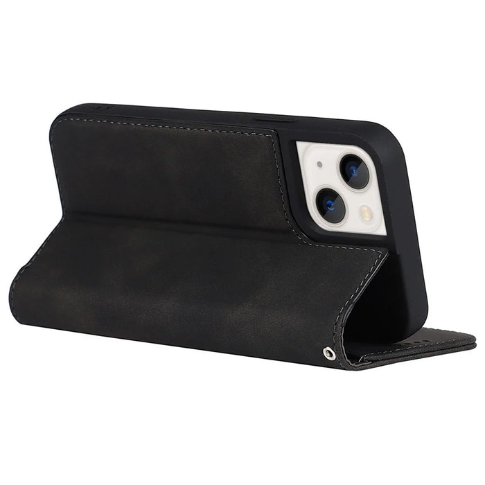 PU Leather Skin-touch Feeling Auto-absorbed Phone Case Shell with Wallet Stand for iPhone 13 6.1 inch - Black - 4