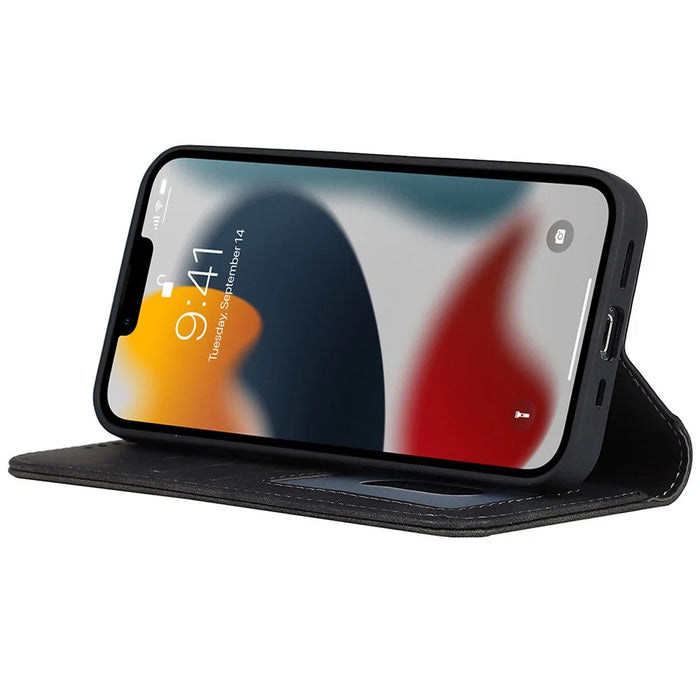 PU Leather Skin-touch Feeling Auto-absorbed Phone Case Shell with Wallet Stand for iPhone 13 6.1 inch - Black - 5