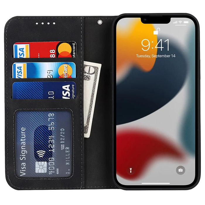 PU Leather Skin-touch Feeling Auto-absorbed Phone Case Shell with Wallet Stand for iPhone 13 6.1 inch - Black - 6