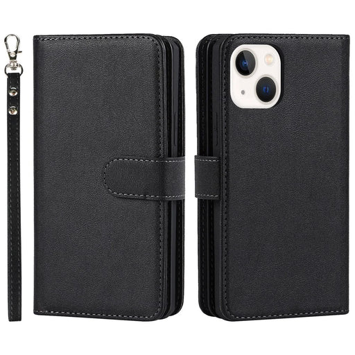 Fall-proof Detachable PU Leather Wallet Stand Phone Case Shell with Wrist Strap for iPhone 13 6.1 inch - Black - 1