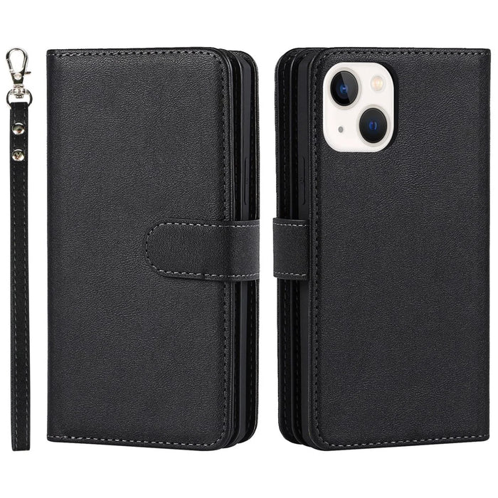 Fall-proof Detachable PU Leather Wallet Stand Phone Case Shell with Wrist Strap for iPhone 13 6.1 inch - Black - 1