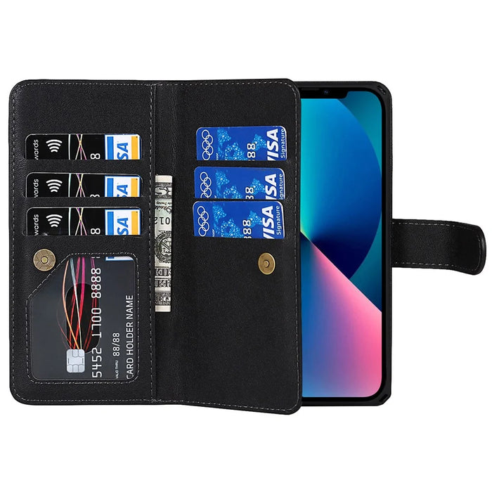 Fall-proof Detachable PU Leather Wallet Stand Phone Case Shell with Wrist Strap for iPhone 13 6.1 inch - Black - 7