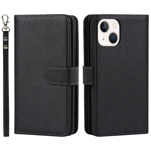 Shock Absorption Detachable PU Leather Wallet Stand Phone Case Shell with Wrist Strap for iPhone 13 mini 5.4 inch - Black - 1