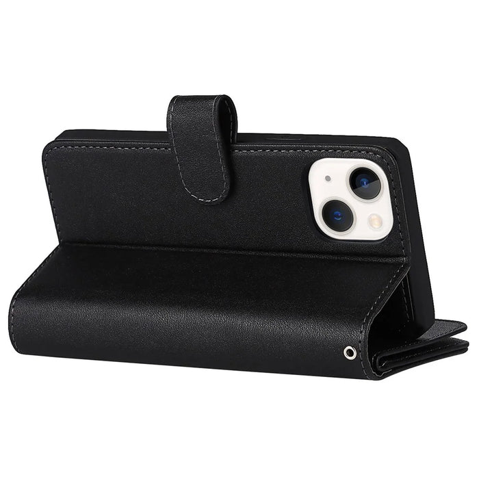 Shock Absorption Detachable PU Leather Wallet Stand Phone Case Shell with Wrist Strap for iPhone 13 mini 5.4 inch - Black - 5