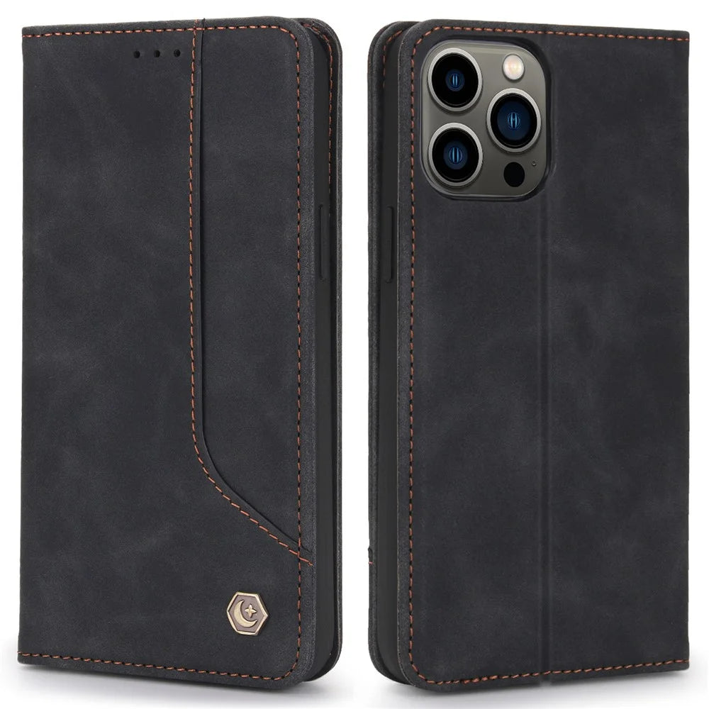 POLA 008 Series Auto Closing Magnetic Retro PU Leather Flip Wallet Phone Case with Stand for iPhone 13 Pro 6.1 inch - Black - 1