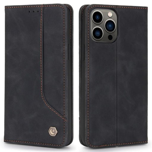 POLA 008 Series Auto Closing Magnetic Retro PU Leather Flip Wallet Phone Case with Stand for iPhone 13 Pro 6.1 inch - Black - 1