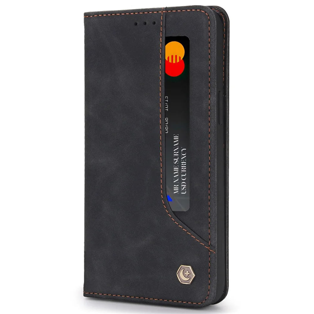 POLA 008 Series Auto Closing Magnetic Retro PU Leather Flip Wallet Phone Case with Stand for iPhone 13 Pro 6.1 inch - Black - 2