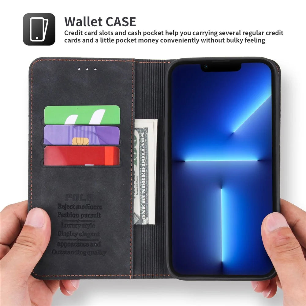 POLA 008 Series Auto Closing Magnetic Retro PU Leather Flip Wallet Phone Case with Stand for iPhone 13 Pro 6.1 inch - Black - 6