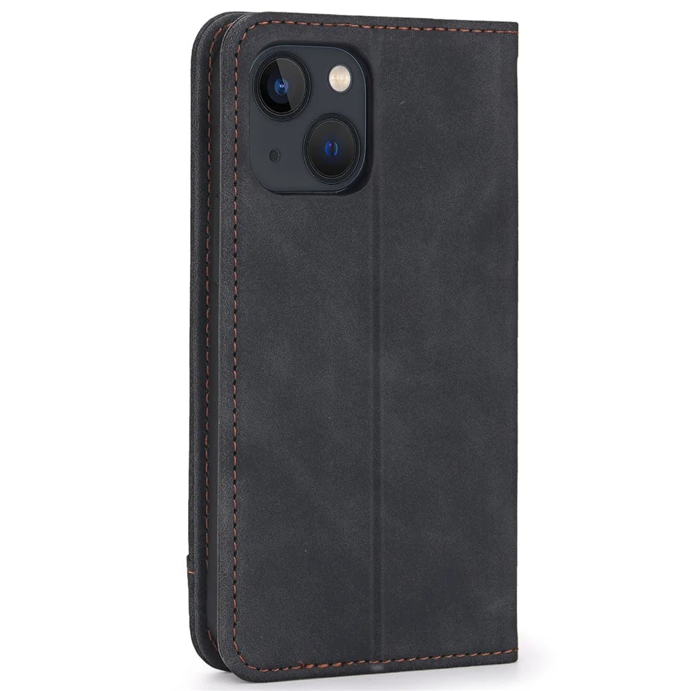 POLA 008 Series Viewing Stand Retro PU Leather Flip Wallet Case Full Body Magnetic Adsorption Protective Cover for iPhone 13 6.1 inch - Black - 3