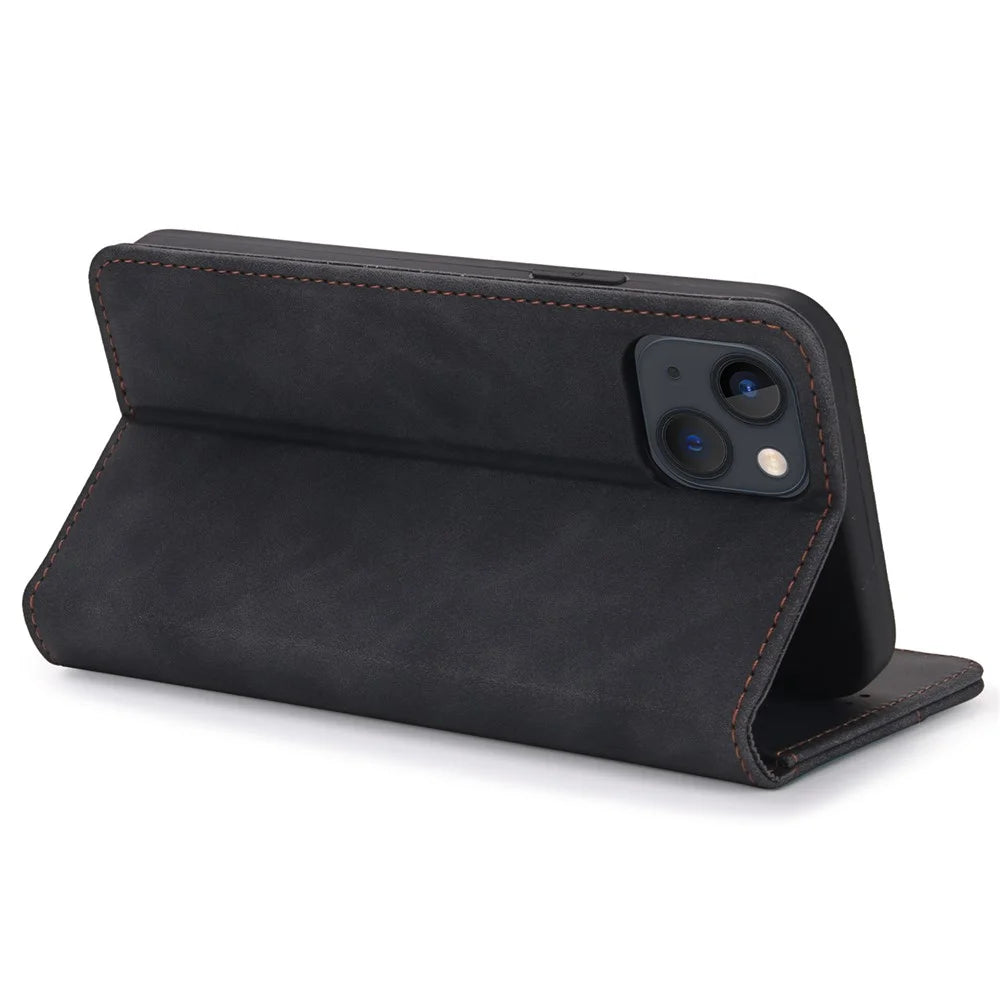POLA 008 Series Viewing Stand Retro PU Leather Flip Wallet Case Full Body Magnetic Adsorption Protective Cover for iPhone 13 6.1 inch - Black - 4