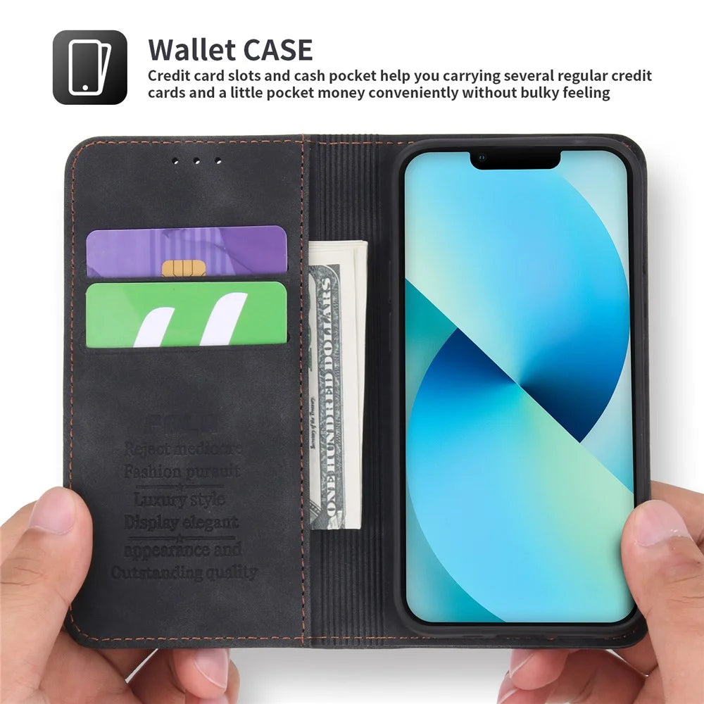 POLA 008 Series Viewing Stand Retro PU Leather Flip Wallet Case Full Body Magnetic Adsorption Protective Cover for iPhone 13 6.1 inch - Black - 6