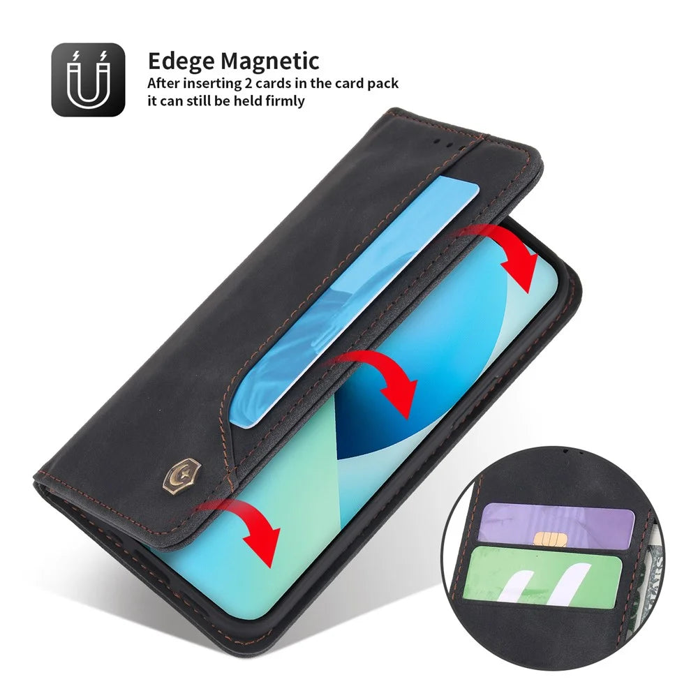 POLA 008 Series Viewing Stand Retro PU Leather Flip Wallet Case Full Body Magnetic Adsorption Protective Cover for iPhone 13 6.1 inch - Black - 7