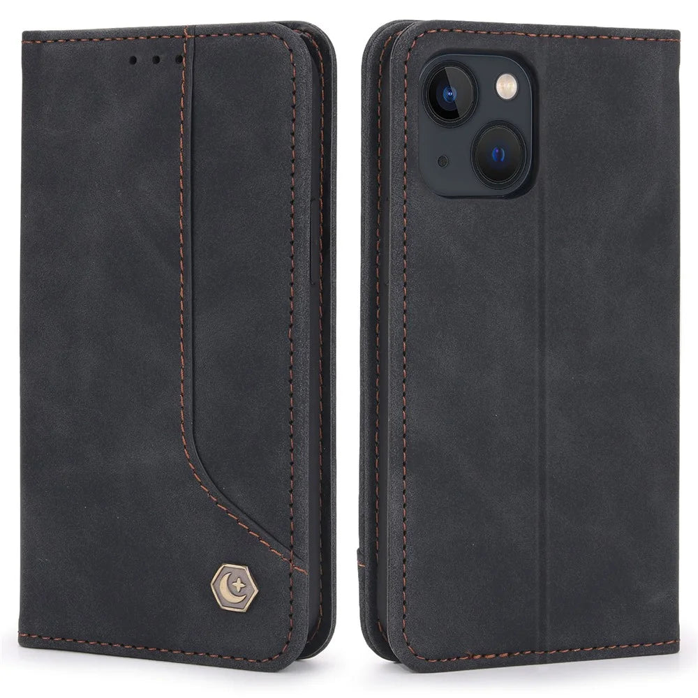 POLA 008 Series Auto Magnetic Closed Retro PU Leather Wallet Case Stand All-Round Protection Phone Cover for iPhone 13 mini 5.4 inch - Black - 1